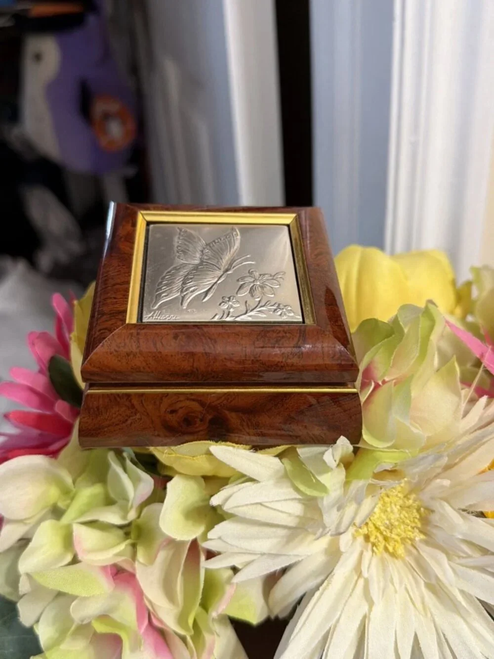 Alliani Handcrafted Solid Wood Box With .925 Sterling Silver Embossed Butterfly